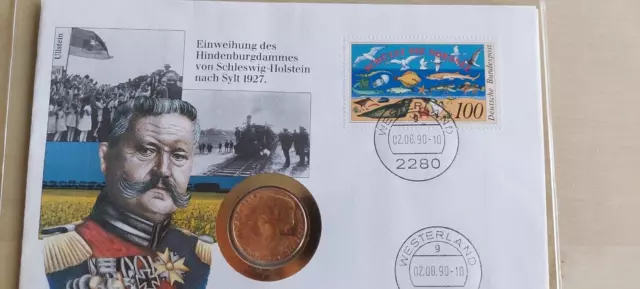 Numisbrief, Paul von Hindenburg, 2 Reichsmark Silber Münze, vergoldet, 1938 2