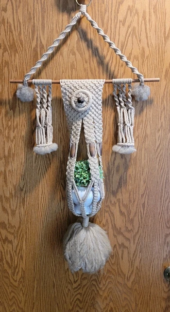 Vintage 1970's Beige cream Macrame Wall Plant Hanger  Wood Beads mid century mcm