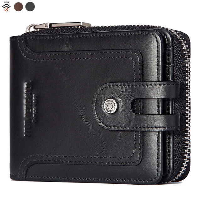 Men's Wallet Genuine Leather RFID Bifold Zipper Purse Coins Pocket Card Holder