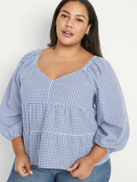 NWT Old Navy Tiered Seersucker Long Sleeve Swing Top Size XXL Plaid Blue White