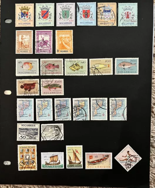 Mozambique Lot Of Stamps On Page, Scarce, Early, Fish, Maps, Shields, Overprints 3