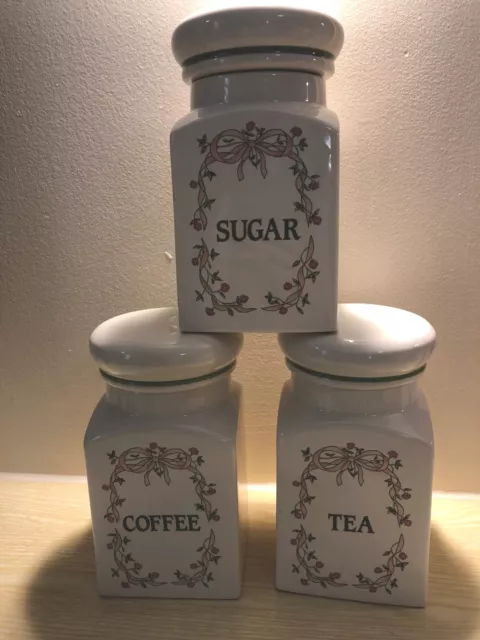 Vintage Johnson Bros Ceramic Eternal Beau Coffee Tea & Sugar Canister Jar Set 2