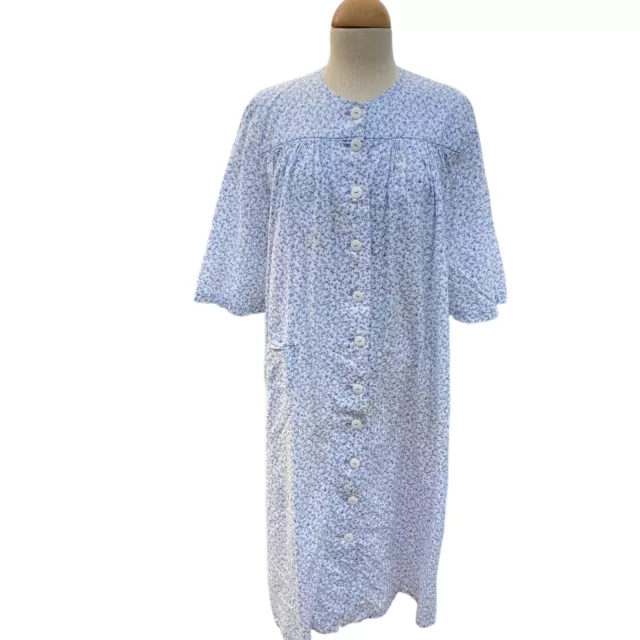 VTG Cottage Core Blue Calico Long Empire Granny Nightgown sz Large Button Pocket