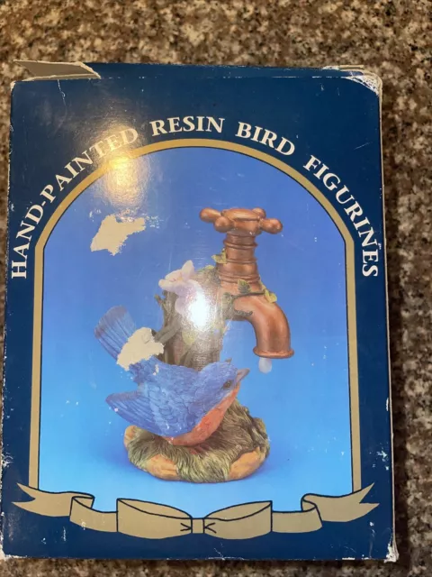 5.6" Resin Bluebird Blue Bird Drinking at Faucet Spigot Figurine Flowers CIB!