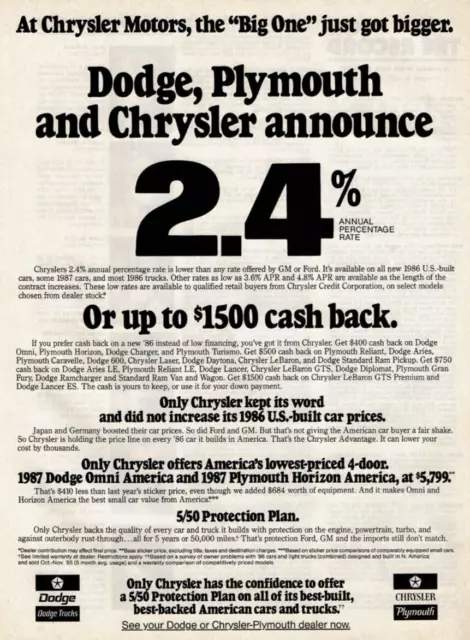 1986 Vintage Print Ad At Chrysler Motors, Dodge Plymouth Chrysler announce 2.4%