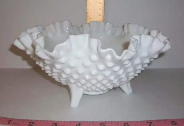 Vintage Fenton Milk Glass Three Footed Ruffled Crimped Edge Hobnail Bowl Dish 8"