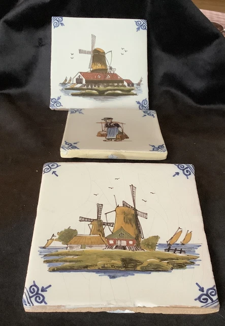 Antique Delft 5.25" Polychrome Hand Painted Windmill Tiles& A Smaller Tile