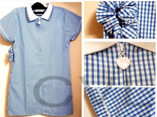 Girls Gingham School Summer Dress BLUE Check Age 2 Years-20 Years With Scrunchie