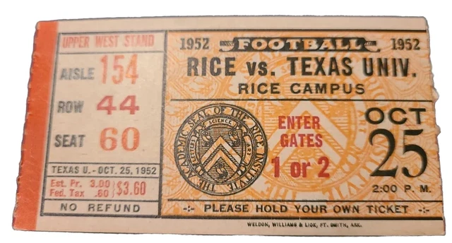 Texas Longhorns Football Ticket  VS Rice Owls Oct 25, 1952
