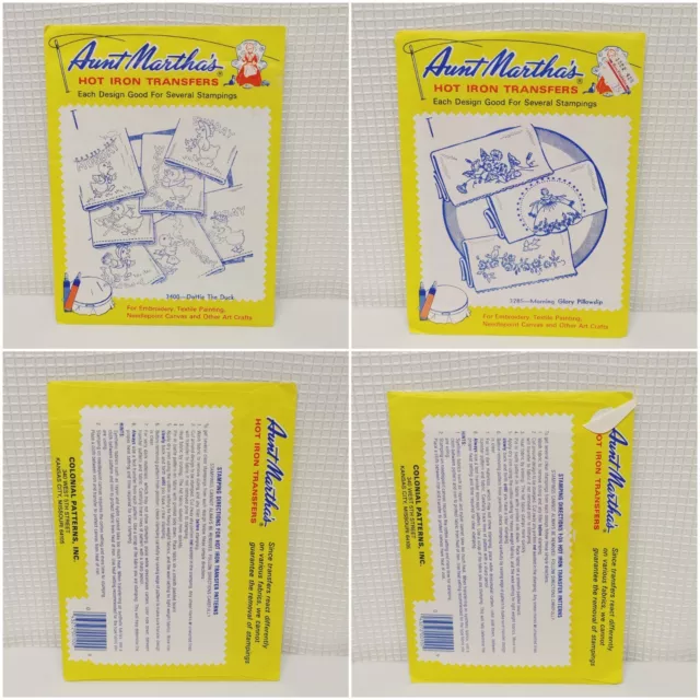 Lote de 2 Aunt Martha's Dottie The Duck Morning Glory Transferencias de Hierro Caliente de Colección