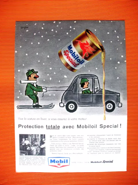 Publicite De Presse Mobil Huile Moteur Protection Illustration Savignac Ad 1958