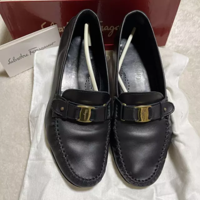 SALVATORE FERRAGAMO BLACK Leather Vara Loafers Flat Shoes Men's 7.5EE ...