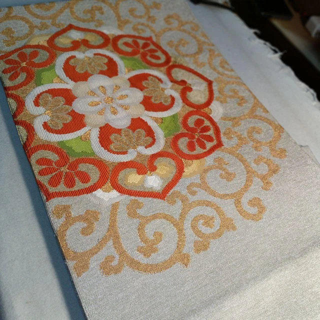 Japanese Kimono Nagoya (Kagari) Obi Silk Orange floral pattern Women's Houmongi
