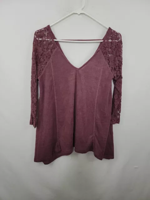 Forever 21 Purple Floral Lace Sleeve Double V Neck Blouse Women's Size Medium