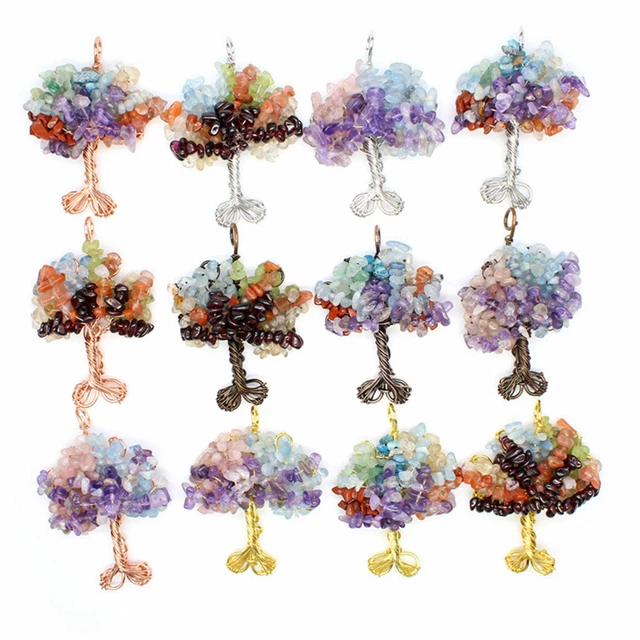 Natural Healing Crystal Tree of Life Wire Wrapped Chip Stone Pendant Reiki Gift
