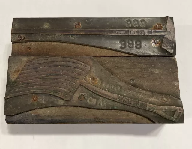 Vintage Printing Blocks Union tools Garden Hoe And Pitchfork 3” Long