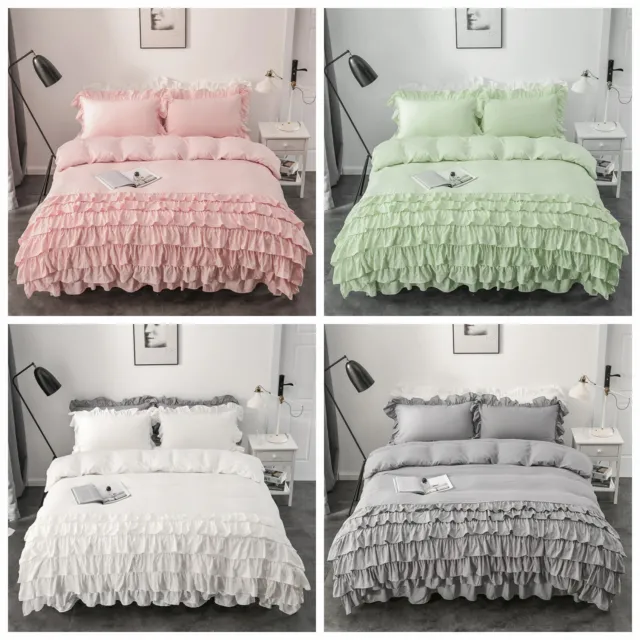 Floral Ruffled Edge Quilt Duvet Doona Covers Set Queen King Size Bed Pillowcases