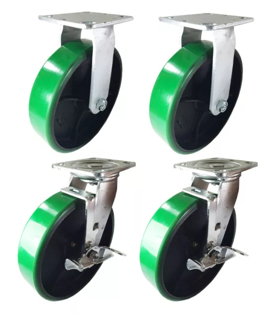 4 Heavy Duty Caster 8" Polyurethane Cast Iron Wheels Rigid Swivel & Brake Green