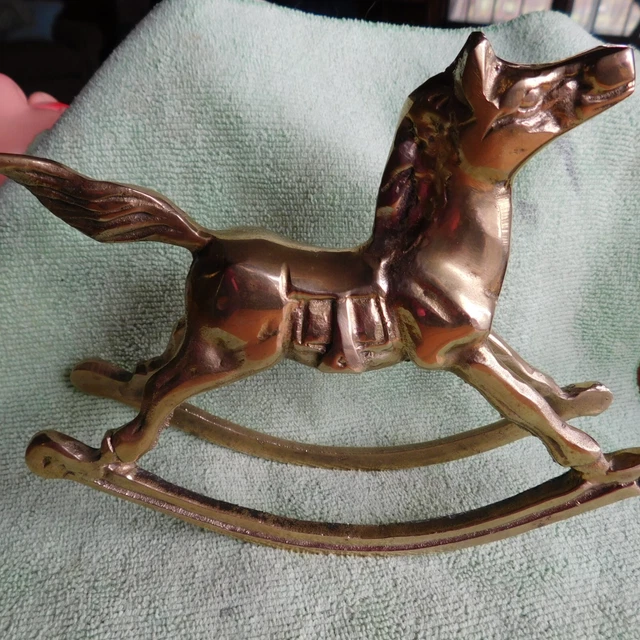 Antique Rocking Horse Gold Lustre Vintage Solid Brass Old Race Racing Riding