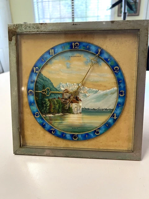C. Bucherer 8 Day Square Mantel/Deskn Clock for parts or repairs, Swiss scene