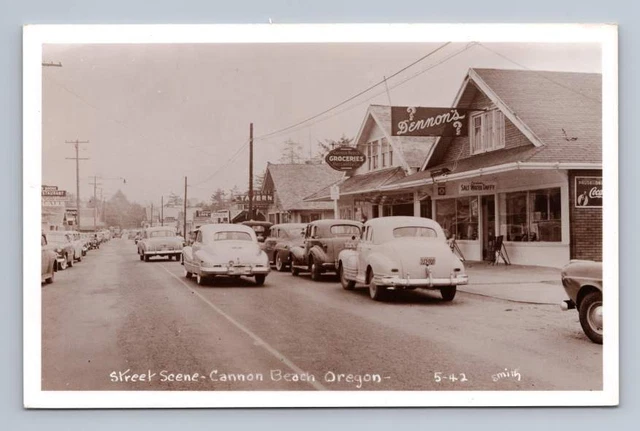 Main Street CANNON BEACH Oregon RPPC Vintage Smith Photo Postcard Coke ~1940s