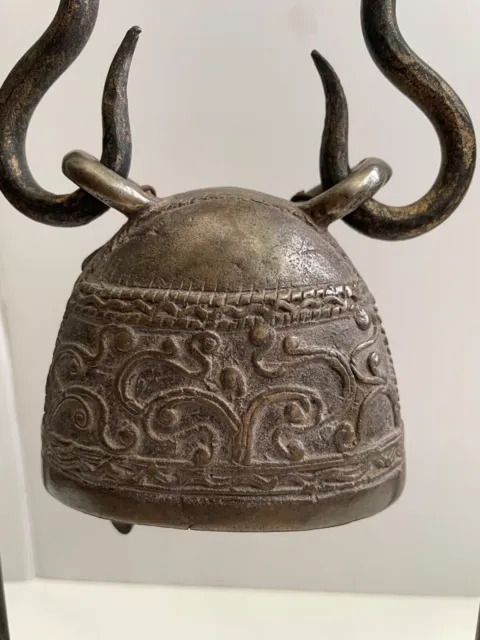 antique Burmese SE Asian cast bronze metal ornate cow/ox bell w/ display stand