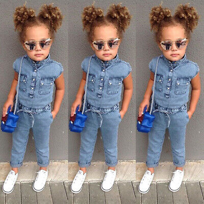 UK Toddler Baby Kids Girl Denim Overall Romper Bodysuit Jumpsuit Outfits Clothes