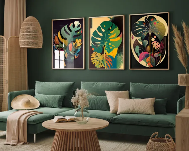 Monstera Leaf - Set of Three Paintings - Botanical Art Print Poster Jungle Décor