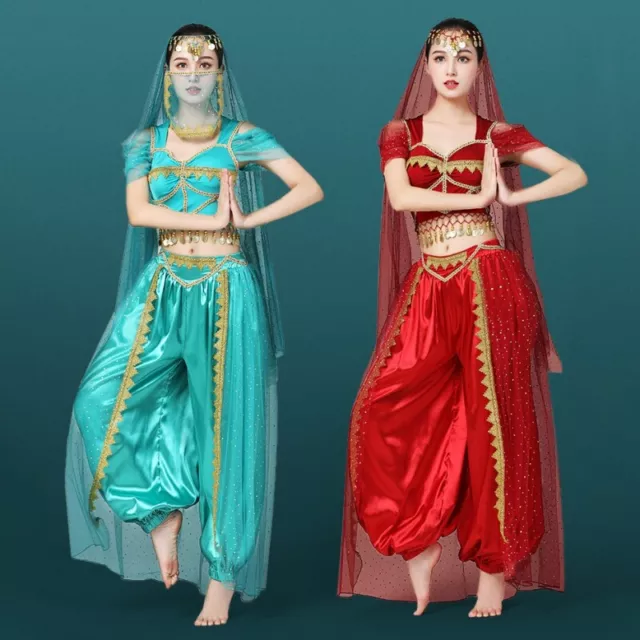 Women Belly Dance Costume Set Top Pants Veil Party Dancing Headpiece Dancewear