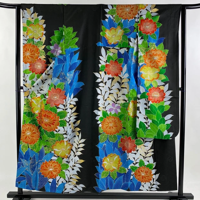 Japanese Silk Kimono Vintage Furisode Gold Large Colors Flowers Grass Black 59"