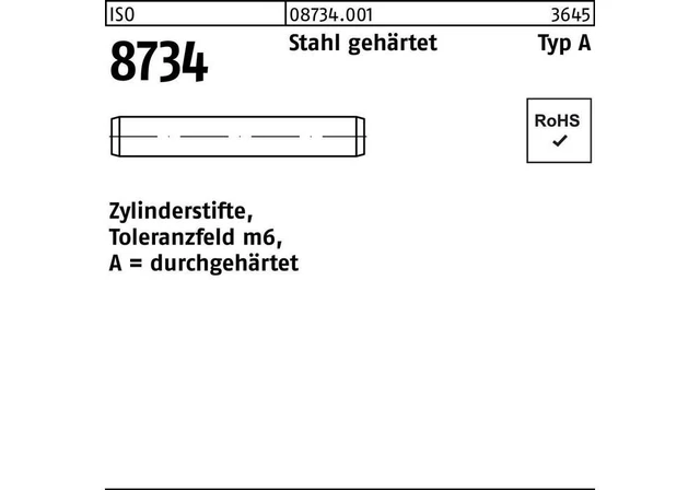 PERNO CILINDRO REYHER ISO 8734 8 m6 x 28 acciaio temprato tolleranza m6 ...