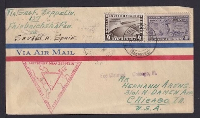 1933 - 4 Mk. Chicagofahrt und EXPRESS USA auf Brief nach Chicago (20042481)