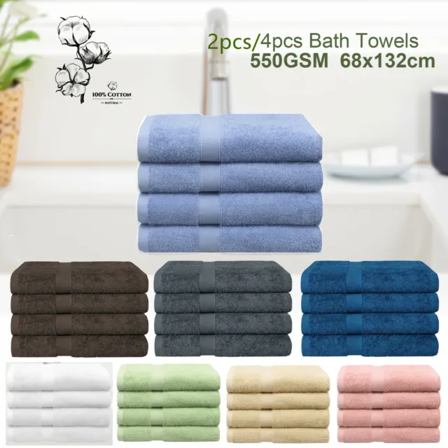 2 & 4 Pack Bath Towel Sets 100% Cotton 550GSM Luxury Soft Non-fluffing Towels