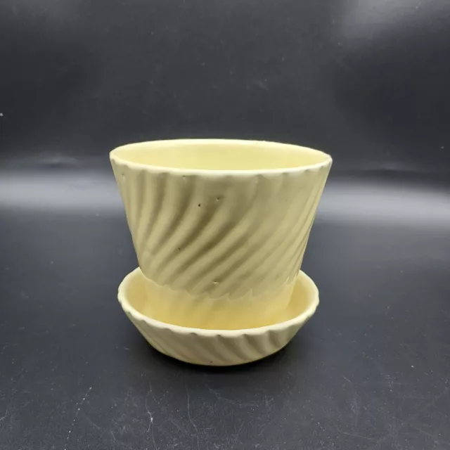 Brush Pottery Yellow Swirled Flower Pot Planter & Saucer  Vintage