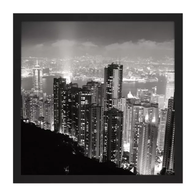 Black White Hong Kong City Skyscrapers Square Framed No Mount Wall Art 16X16"