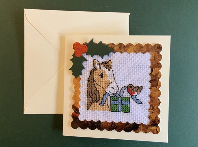 Hochwertige handgefertigte Pferdepony Kreuzstich Weihnachtskarte