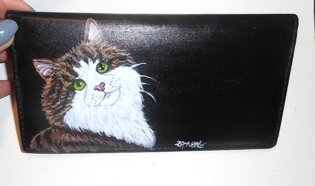 Norwegian Forest Cat Checkbook Cover Custom Painted Leather