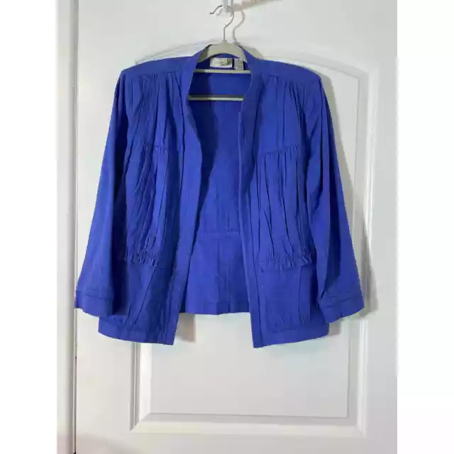 CHICO’S BLUE LINEN Blend Open Front Pleated Jacket, Size Medium $24.00 ...
