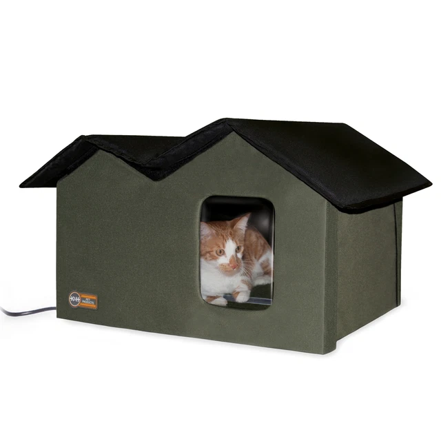 Pet Outdoor Heated Kitty House Extra-Wide Olive/Black 26.5 X 15.5 X 21.5 Inches