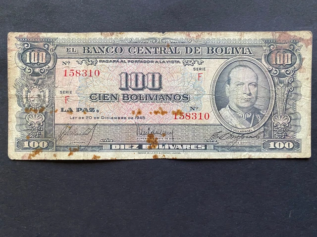 BOLIVIA, 1945, Billete Banco Central de Bolivia, 100 BOLIVIANOS, Serie F, Circ.