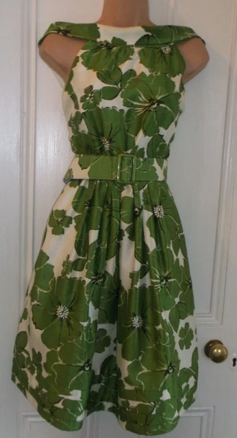 ABITO JESSICA HOWARD 12 foderato verde floreale a pieghe tasche fit&flare