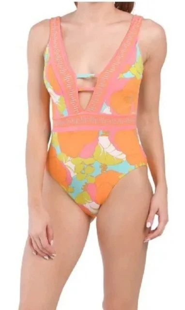 NWT $162 TRINA TURK Multicolor Playa De Flor 1 Pc Plunge Swimsuit Size 10
