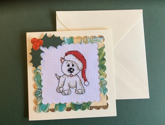 Qualität handgefertigte Westie Hund Welpe Kreuzstich Weihnachtskarte