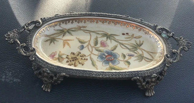 Porcelain Brass Vintage Soap Dish Holder  Antique Footed Bathtub Filigree Japan