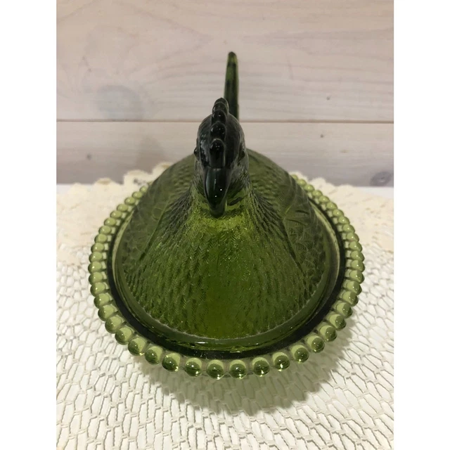 Vintage Indiana Glass Avocado Green Hen on Nest Candy Dish