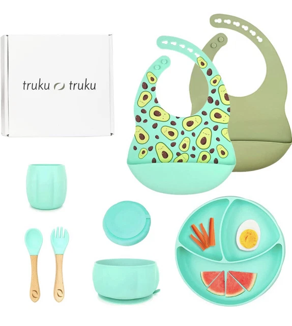 Silicone Baby toddler Feeding Set 7 pcs Bib, Bowl, Plate, sip cup Spoon and Fork