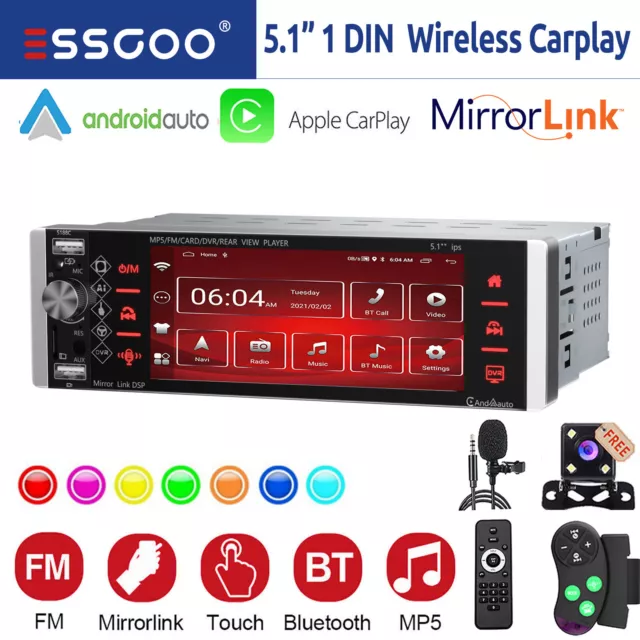 Autoradio 1DIN Wireless Carplay Android Auto Bluetooth USB AUX TF FM Kamera +Mik