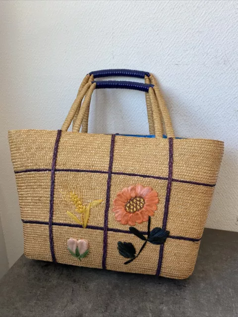 Ancien Sac Cabas Paille Tressé ? Broderie Fleur Blé Deco Rétro