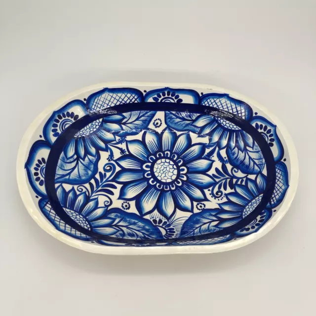 Mexican Folk Art Hand Painted Blue & White Floral Wooden Oval Bowl Tray