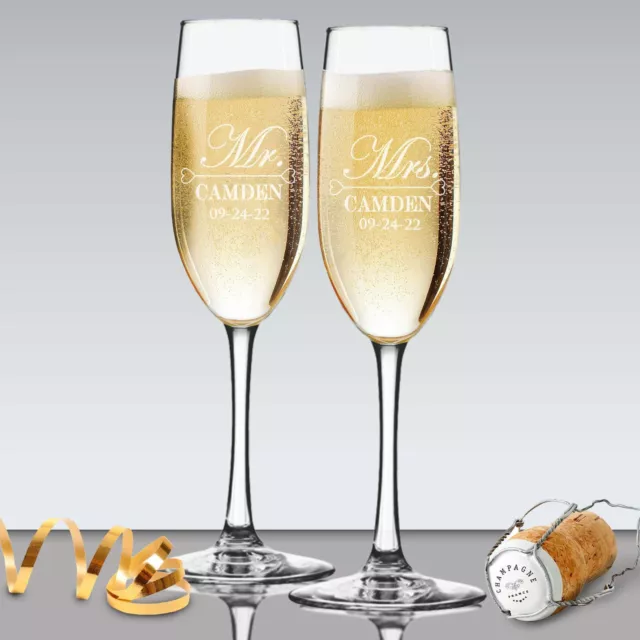 Custom Engraved Champagne Flutes for Wedding - Toasting Glasses For Mr and Mrs